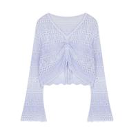 妖精的口袋v领渐变镂空针织衫女2024秋季抽绳设计罩衫空调衫 渐变蓝紫色 S