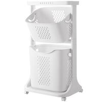 懒角落多层脏衣篮浴室多层置物架卫生间可移动滑轮手提脏衣篓玩具收纳筐 双层脏衣篮 白色