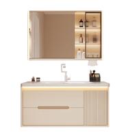 恋派橡木造型门浴室柜陶瓷一体洗手盆柜组合奶油风洗脸盆一体盆 智能美妆镜+陶瓷一体盆 80cm