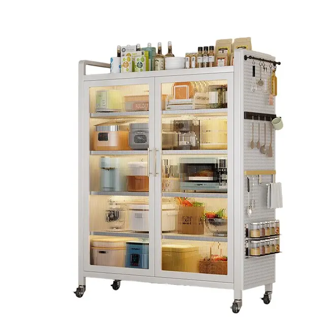 欧奈斯 ONNAIS厨房置物架收纳柜落地多层碗柜防尘对开门橱柜微波炉烤箱储物柜 3层灰高90（层高可调/送万向轮） 长60cm深42cm