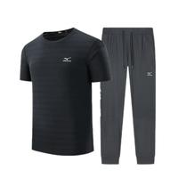 美津浓(MIZUNO)户外套装男夏季冰丝凉爽亲肤T恤上衣长裤速干透气组合装 黑色上衣+黑色束脚裤(纯色) 2XL