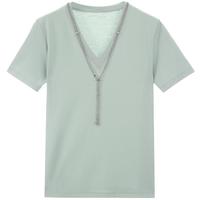 纯棉V领链条烫钻纯色上衣女士短袖T恤