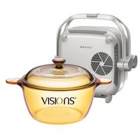 VISIONS康宁1.5L汤锅和多功能双边料理组合 玻璃锅电陶炉烧烤涮组合 VS15+白色双边料理锅