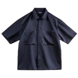 马登 工装 竹节纹短袖衬衫男夏季宽松微透廓形免烫衬衣大口袋休闲外套 藏青色 L