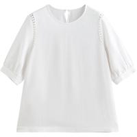 初语花边拼接衬衫女2025春季莱赛尔亚麻宽松上衣简约套头衫 米白色 XL