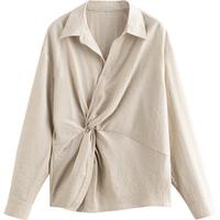 初语含亚麻衬衫女2024早秋扭结设计感上衣静奢风气质衬衣 卡其色 M