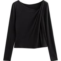 初语醋酸T恤女2025年春季设计感斜肩优雅气质百搭打底上衣 黑色 XL