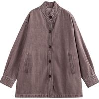 初语立领牛仔外套女2025春季韩版复古宽松工装风开衫夹克上衣 砖粉色 L