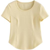 初语分割拼接设计感修身短袖T恤女2025夏季圆领百搭上衣 淡黄色 S