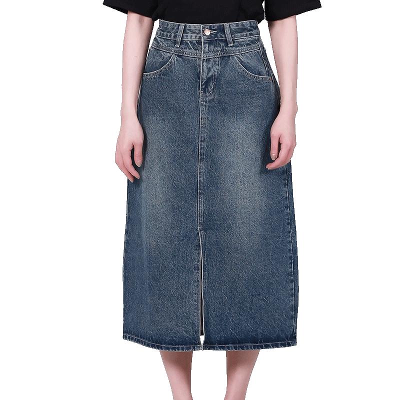 Petit Bari女士秋季复古牛仔裙开叉中长款高腰刺绣半身裙