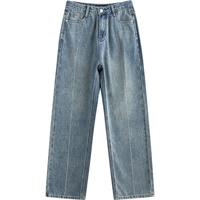 初语水洗做旧感牛仔裤女2024年复古长裤秋冬宽松百搭直筒裤子 浅蓝色 28