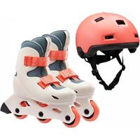 迪卡侬儿童慢速轮滑鞋可调节易穿脱舒适稳定溜冰鞋体育课必备 浅米白色（鞋+头盔） 30 /32