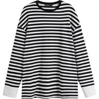 初语条纹保暖长袖T恤美式宽松女2024早秋慵懒风圆领外穿上衣 黑白条 M