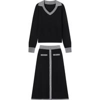 DUIBAI 春秋装优雅小香风质感金属撞色拼接翻领扣女式休闲针织套装