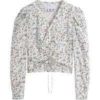 丽丽LILY春女装浪漫印花别致抽褶气质V领雪纺衫 721杏色 M