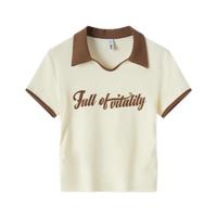 森马（Semir）POLO衫女短款小心机撞色夏季复古字母紧身套头衫109324115006 奶白10501