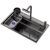 四季沐歌厨房水槽大单槽飞雨瀑布304不锈钢琴键集渣洗菜盆