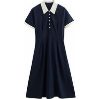 初语清爽珠地连衣裙女2025春季撞色POLO领收腰裙子A型裙 藏青色 L