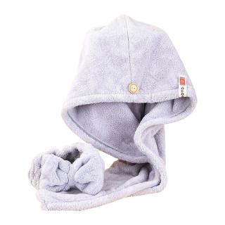 HOYO日本 雪滑绒干发帽束发带两件套 洗澡洗头吸水速干毛巾女 灰色 灰色干发帽*1条 束发带*1条