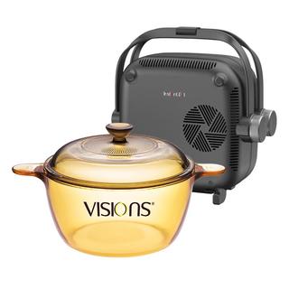 VISIONS康宁1.5L汤锅和多功能双边料理组合 玻璃锅电陶炉烧烤涮组合 VS15+黑色双边料理锅