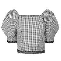 甜美方领泡泡袖蕾丝拼接格纹衬衫