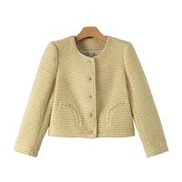 晚白2025春款时尚简约小个子穿搭外套纯色绵羊毛短款小香风外套女 浅黄色 L
