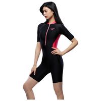 speedo连体泳衣女抗氯速干短袖防晒修身显瘦泳装拼色连体及膝温泉泳衣女 黑色/水手蓝 2XL 【40码体重69-72kg】