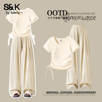 班尼路 抽绳短款短袖阔腿裤套装女两件套