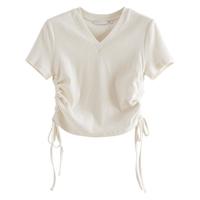 自巧小个子正肩短袖t恤女2024夏季抽绳V领短款修身设计感上衣 雾霾蓝 XS (2码)