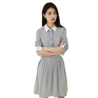 【纯棉】连衣裙初春款条纹收腰伞摆压褶时尚通勤裙子女