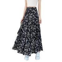 她池复古半身裙2025春夏女优雅撞色印花松紧腰大摆长裙 黑白花色 M