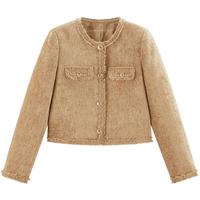 太平鸟丝绒肌理小香风外套女2025春装短款毛边小个子品质夹克 棕色 S 155