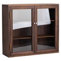 原也胡桃木桌面小型收纳柜储物柜实木茶室防尘柜开合玻璃门茶具收纳柜 三层双门款