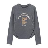 Basic House/百家好韩版小熊印花T恤秋冬褶皱收腰设计感白色上衣 灰色 L