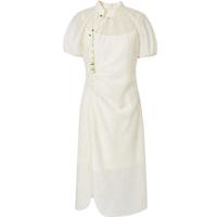 红袖新中式连衣裙夏季2024女装高级感钉珠吊坠旗袍领国风裙两件套 米白004 S