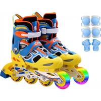 美洲狮儿童轮滑鞋成人男女闪光可调旱冰鞋溜冰鞋滑轮鞋 单闪黄蓝+护具+头盔+轮滑包 M (实际30-35码厂标34-37)