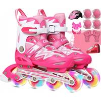 美洲狮儿童轮滑鞋成人男女闪光可调旱冰鞋溜冰鞋滑轮鞋 全闪粉色+护具+头盔+轮滑包 L (实际35-40码厂标38-41)