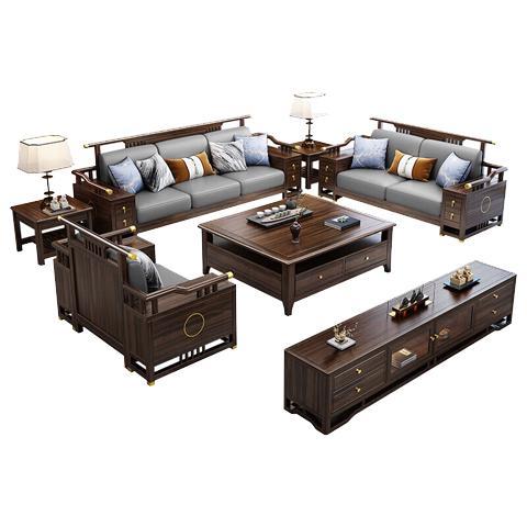 楠著 楠新中式乌金木实木客厅沙发可拆洗沙发大户型别墅古典家具5013# 2+3+太师椅3件套+茶几+电视柜