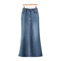 晚白2025春季时尚高腰气质减龄包臀鱼尾牛仔休闲半身裙 蓝色 S