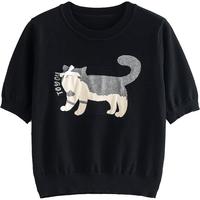 初语蝴蝶结猫咪提花针织衫女2025夏季气质圆领小衫减龄上衣 墨黑色 L