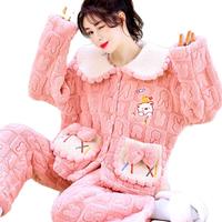 冬季睡衣女加厚加绒法兰绒珊瑚绒套装家居服兔兔可爱外穿娃娃领