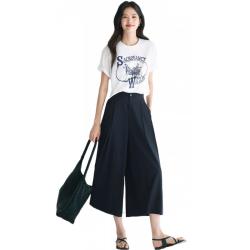 伊芙丽 2025夏装垂感阔腿裤女夏季薄款八分裙裤显瘦宽松休闲裤 藏青发 S 80-105斤