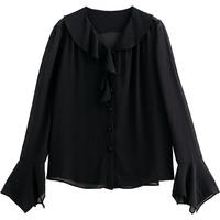 初语飘逸感牛仔印花衬衫女2025年春季喇叭袖小众气质V领长袖上衣 黑色 L