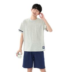 英博伦 青少年短袖套装夏季男大童纯棉睡衣中家居服套651麻灰 170