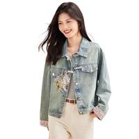 她享 牛仔外套女新复古回潮国风夹克外套春秋装刺绣牛仔上衣T143U5002 M 90-105斤