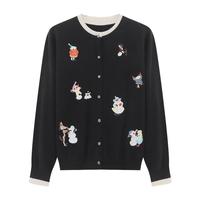 Basic House/百家好卡通刺绣圆领毛衣秋冬减龄绵羊毛撞色开衫外套 黑色 M 105-120斤