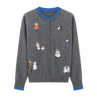 Basic House/百家好卡通刺绣圆领毛衣秋冬减龄绵羊毛撞色开衫外套 灰色 L 120-130斤