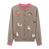 Basic House/百家好卡通刺绣圆领毛衣秋冬减龄绵羊毛撞色开衫外套 驼色 S 85-105斤