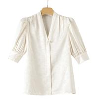 晚白新中式国风缎面提花衬衫女2025夏季薄款洋气时尚通勤显瘦V领衬衣 杏色 XL