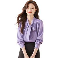 真维斯（JEANSWEST）长袖衬衫女春夏上衣法式蝴蝶结气质女士职业穿搭衬衣紫色S ED-43-231203紫色